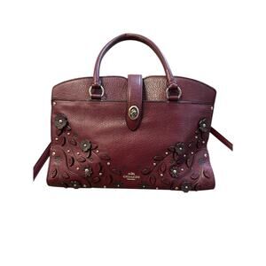 Coach Burgundy Floral Appliqué Leather Satchel Crossbody Purse